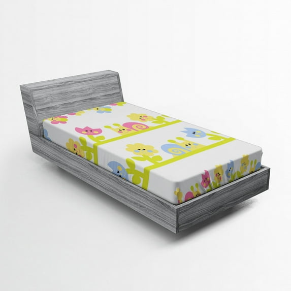 Ambesonne Tulip Fitted Sheet, Colorful Cartoon Garden, Twin Size, Pale Green Pale Blue
