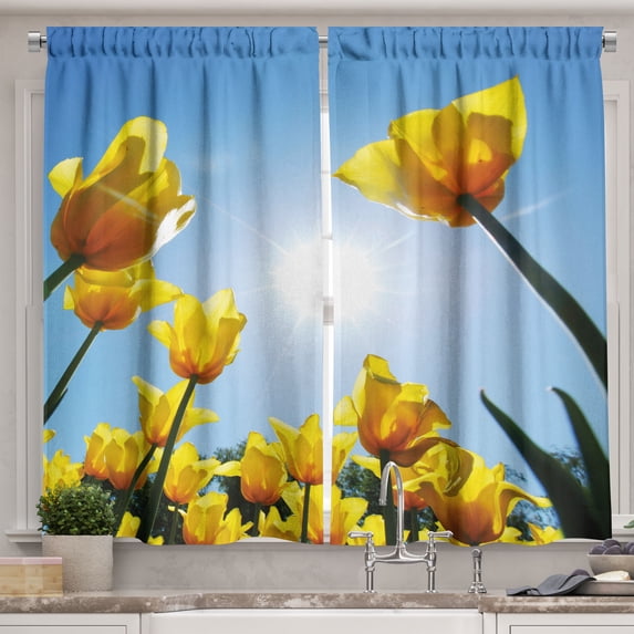 Ambesonne Tulip Kitchen Curtains, Field Summer Blooms, 55"x39", Green Yellow Blue
