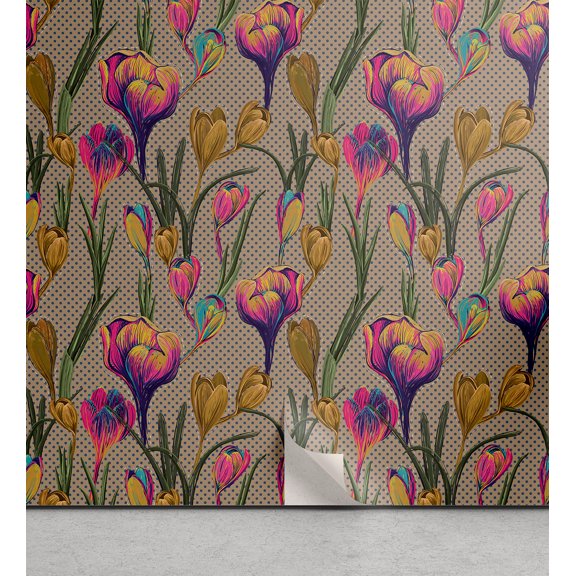 Ambesonne, Tulip Peel & Stick Wallpaper for Home, Vintage Pop Art Flowers Print, 13"x36", Pink Quartz and Fawn