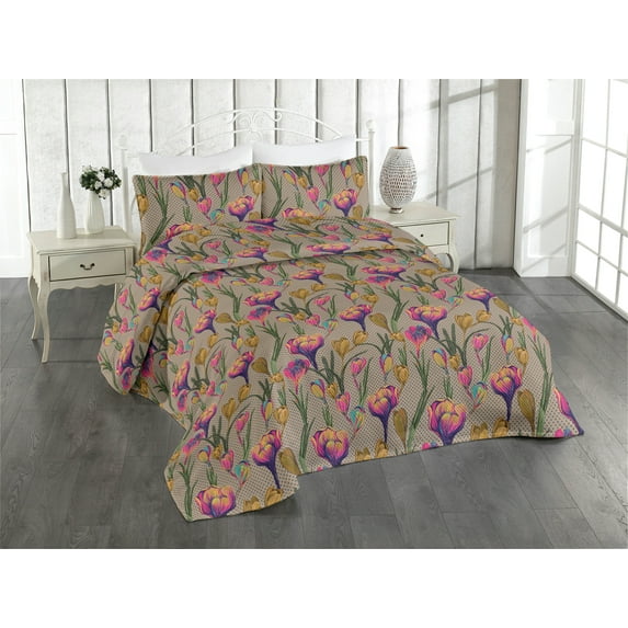 Ambesonne Tulip Quilted Bedspread Set 3 Pcs, Vintage Pop Art Flowers Print, Queen, Pink Quartz and Fawn