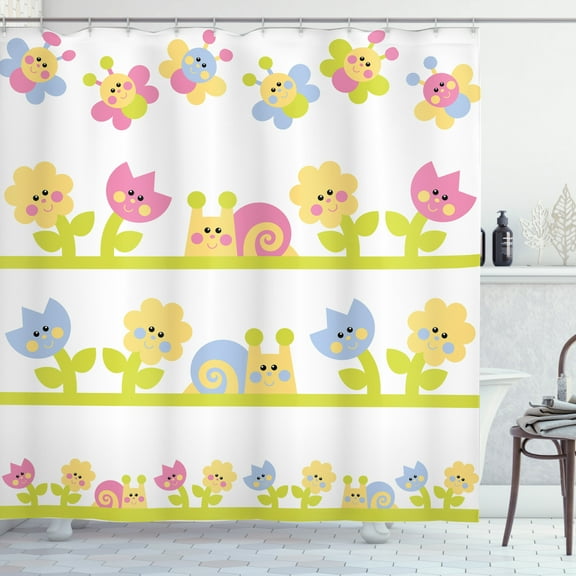 Ambesonne Tulip Shower Curtain, Colorful Cartoon Garden, 69"Wx84"L, Pale Green Pale Blue