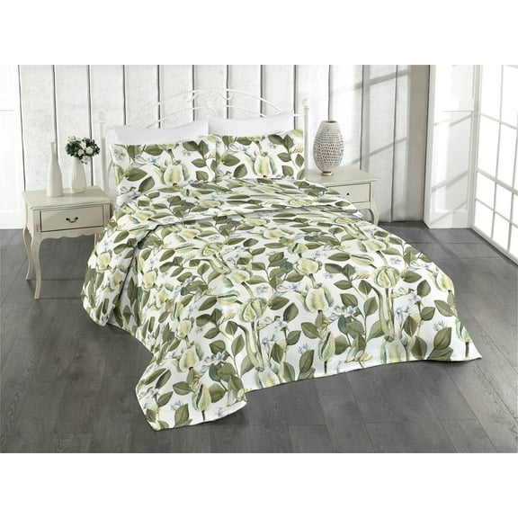 Ambesonne Tulips Art Quilted Bedspread Set 3 Pcs, Modern Chill Blooming, King, Pistachio Green White