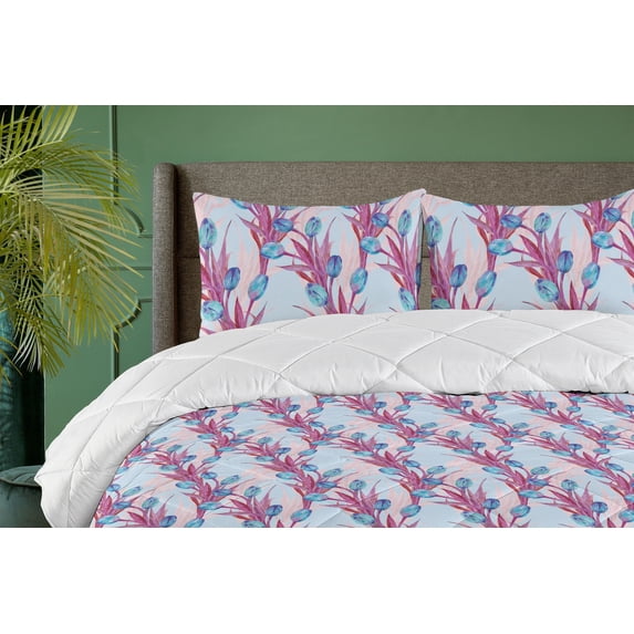 Ambesonne Tulips Artwork Down Alternative Quilt Comforter, Blooming Floral Boho, King, Magenta Pale Pink