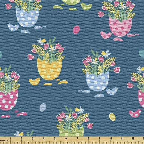 Ambesonne Tulips Fabric by the Yard Upholstery, Eastern Dotted Cracked Eggs, 1 Yard, Petrol Blue and Multicolor