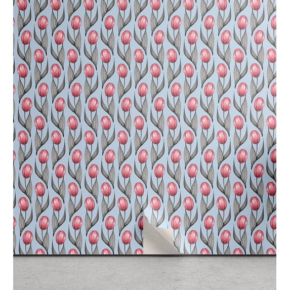 Ambesonne Tulips Peel & Stick Wallpaper for Home, Vintage Symmetric Flowers, 13"x72", Dimgray Pastel Pink