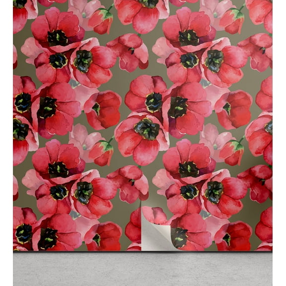 Ambesonne Tulips Peel & Stick Wallpaper for Home, Watercolor Floral Boho Print, 13"x72", Dark Coral Olive Green