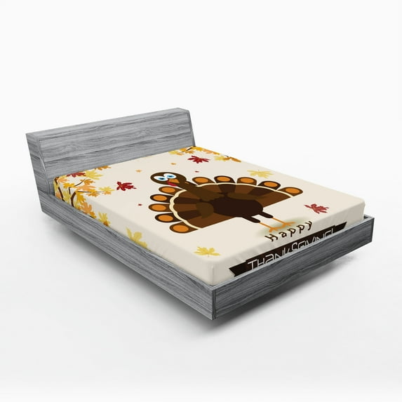 Ambesonne Turkey Fitted Sheet, Fall Season Animal Leaf, Full Size, Brown Orange Yellow