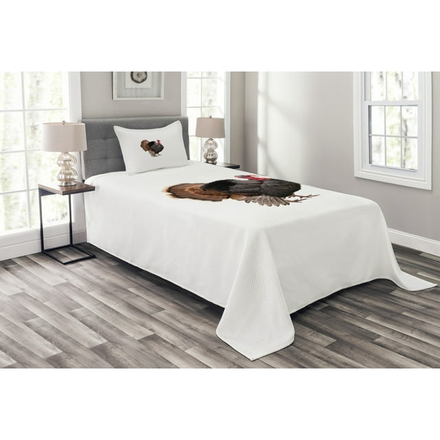 Ambesonne Turkey Quilted Bedspread Set 2 Pcs, Farm Animal Portrait, Twin Size, Black Brown Coral
