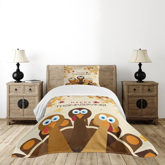 Ambesonne Turkey Quilted Bedspread Set 2 Pcs, Happy Thanksgiving Wording, Twin Size, Multicolor