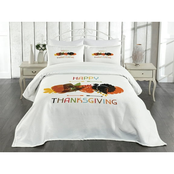 Ambesonne Turkey Quilted Bedspread Set 3 Pcs, Bird Pumpkin Pilgrim Hat, Queen Size, Multicolor