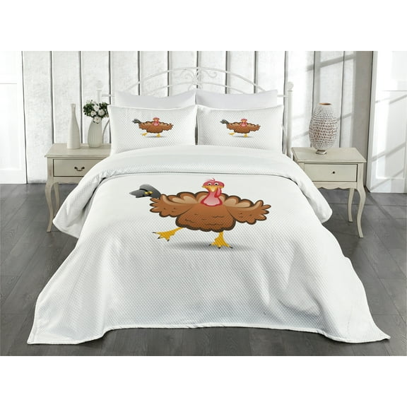 Ambesonne Turkey Quilted Bedspread Set 3 Pcs, Cartoon Fun Character, King Size, Multicolor