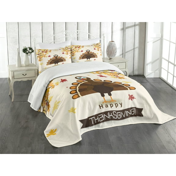 Ambesonne Turkey Quilted Bedspread Set 3 Pcs, Fall Season Animal Leaf, King Size, Brown Orange Yellow
