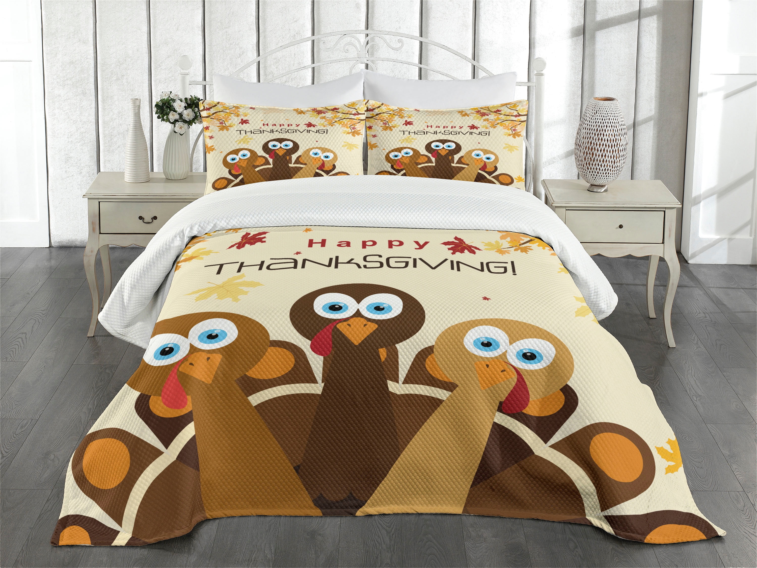 Happy Thanksgiving Multicolor Quilted Queen Bedspread Set