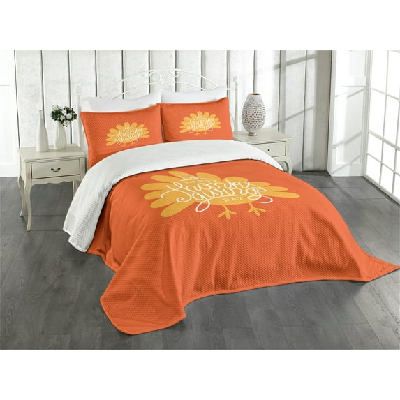 Ambesonne Turkey Quilted Bedspread Set 3 Pcs, Poultry Silhouette Fall, Queen Size, Orange Mustard White