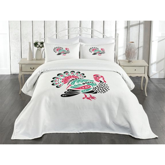 Ambesonne Turkey Quilted Bedspread Set 3 Pcs, Thanksgiving Animal, King Size, Sea Green White