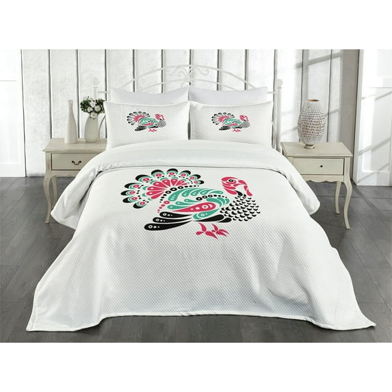 Ambesonne Turkey Quilted Bedspread Set 3 Pcs, Thanksgiving Animal, King Size, Sea Green White