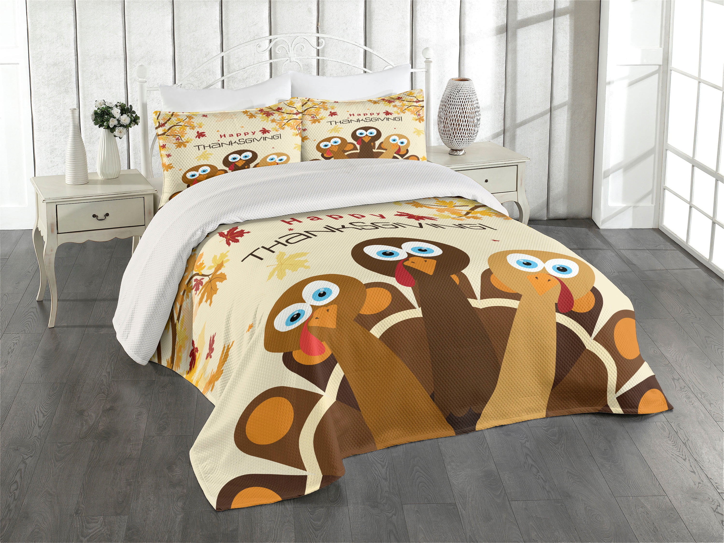 Happy Thanksgiving Multicolor Quilted Queen Bedspread Set