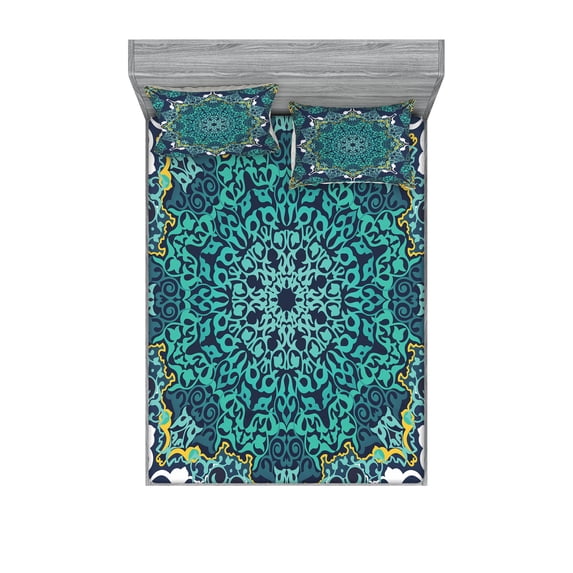 Ambesonne Turkish Pattern Fitted Sheet & Pillow Sham Set, Ottoman Motif, Full, Turquoise Dark Blue