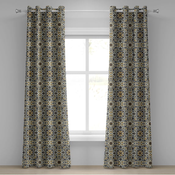 Ambesonne Turkish Pattern Grommet Curtain, Curly Detailed Form, 50" x 120", Earth Yellow Slate Blue