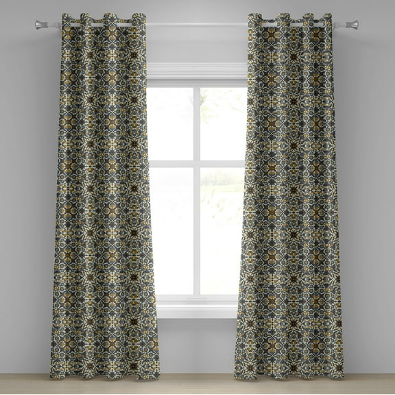 Ambesonne Turkish Pattern Grommet Curtain, Curly Detailed Form, 50" x 72", Earth Yellow Slate Blue