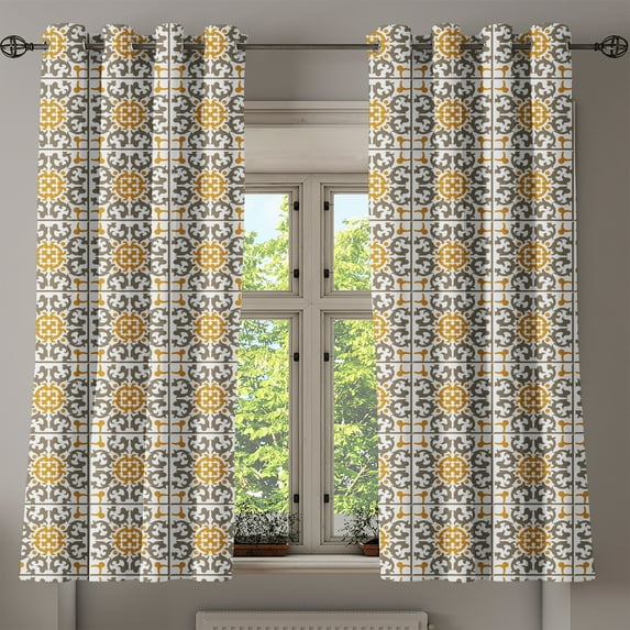 Ambesonne Turkish Pattern Grommet Curtain, Scroll Tiles, 50" x 63", Pale Coffee White Taupe