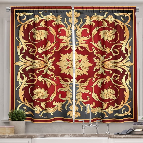 Ambesonne Turkish Pattern Kitchen Curtains, Spiral Foliage, 55"x39", Ruby Mustard Black