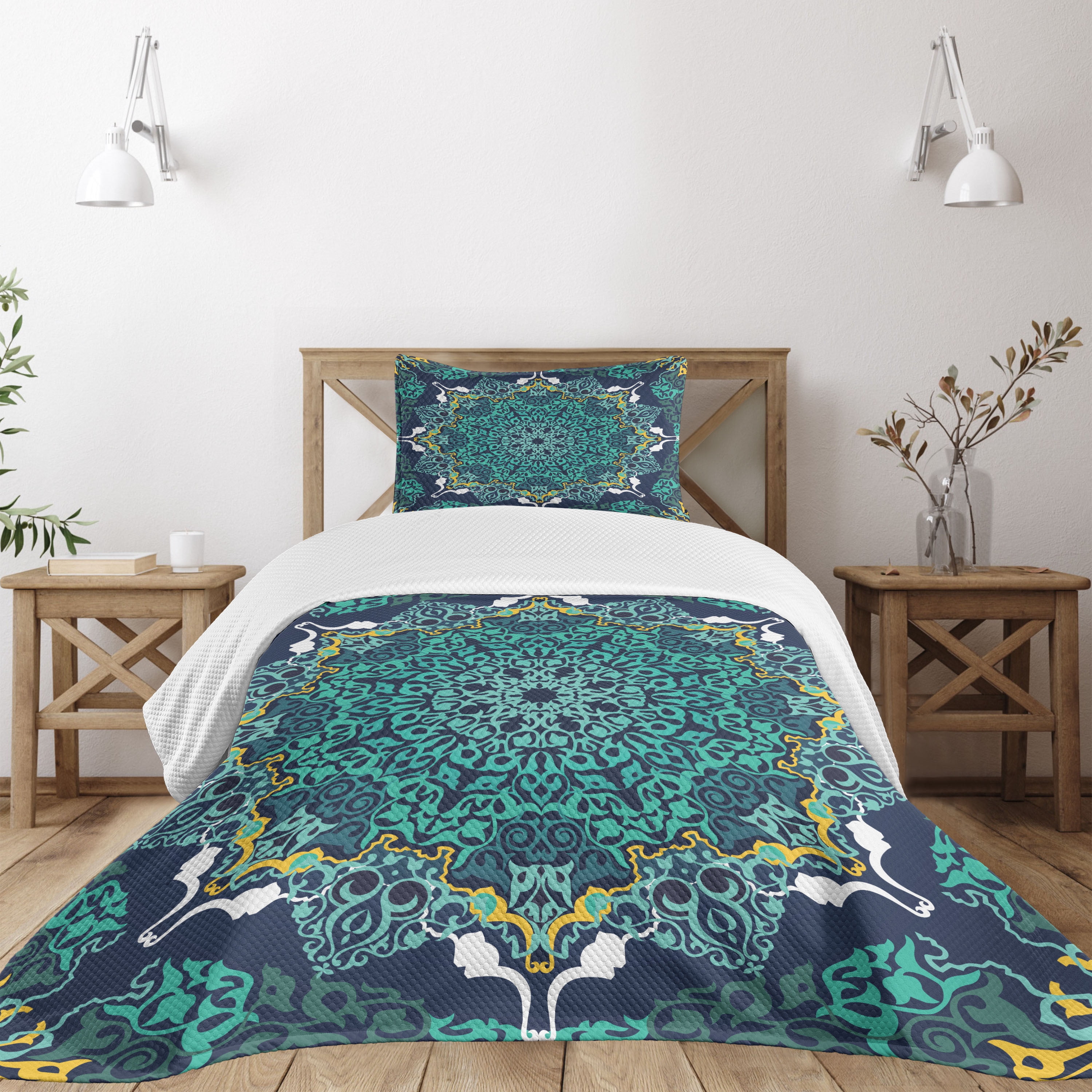 Turquoise Blue Twin Quilted Bedspread Set with Pillow Sham