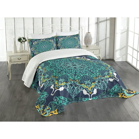 Ambesonne Turkish Pattern Quilted Bedspread Set 3 Pcs, Ottoman Motif, King Size, Turquoise Dark Blue