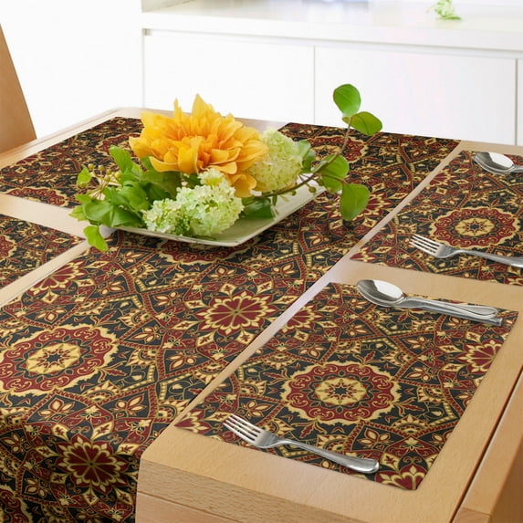 Ambesonne Turkish Pattern Table Runner & Placemats, Dark Byzantine, Placemat 4 pcs + Runner 14"x90", Ruby Mustard Black