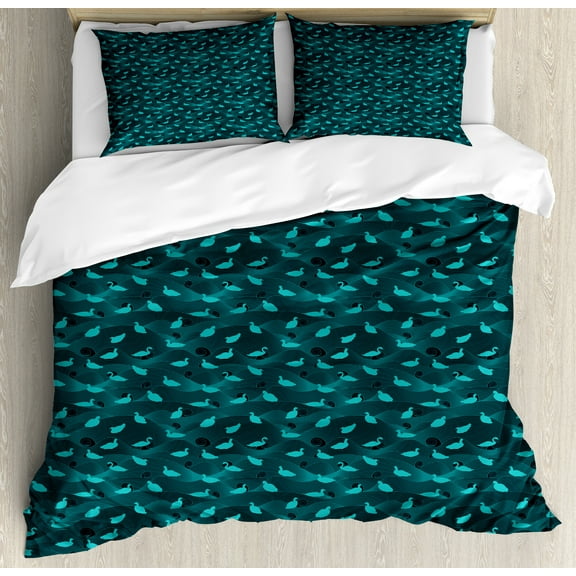 Ambesonne Turquoise Blue Duvet Cover Set, Waterfowl Birds Wave, Queen, Petrol Blue Turquoise
