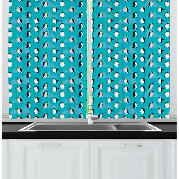 Ambesonne Turquoise Blue Kitchen Curtains, Penguins, 55"x39", Dark Turquoise Dark Grey