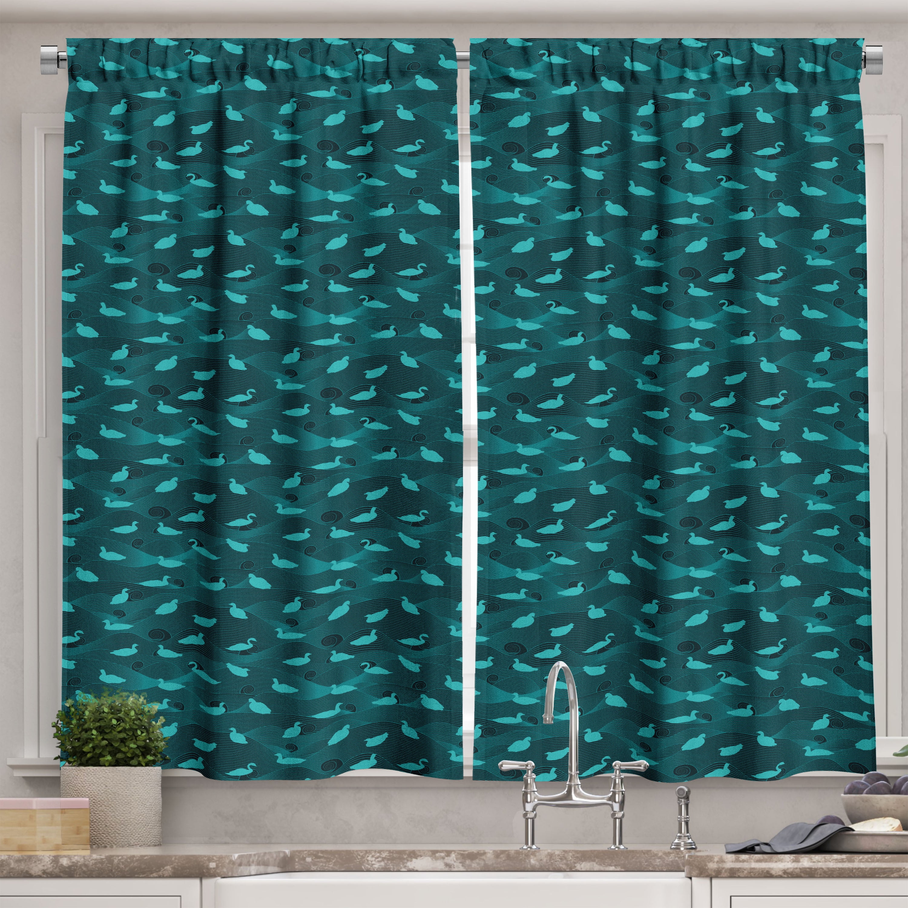 Ambesonne Turquoise Blue Kitchen Curtains, Waterfowl Birds Wave, 55"x39 ...