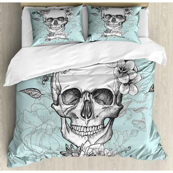 Ambesonne Turquoise Duvet Cover Set, Skull and Flowers, Queen, Turquoise White