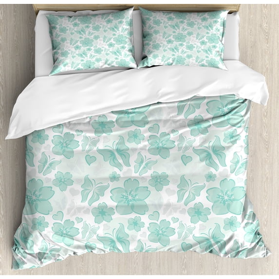 Ambesonne Turquoise Duvet Cover Set, Spring Butterflies, Queen, Turquoise Seafoam Pearl