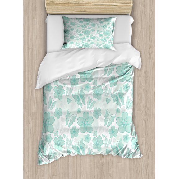 Ambesonne Turquoise Duvet Cover Set, Spring Butterflies, Twin, Turquoise Seafoam Pearl