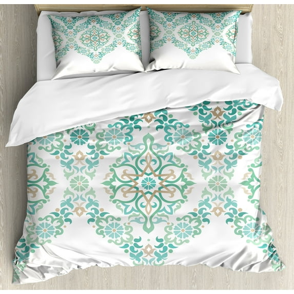 Ambesonne Turquoise Duvet Cover Sets, Vintage Floral Boho, 2-Queen, Green Tan