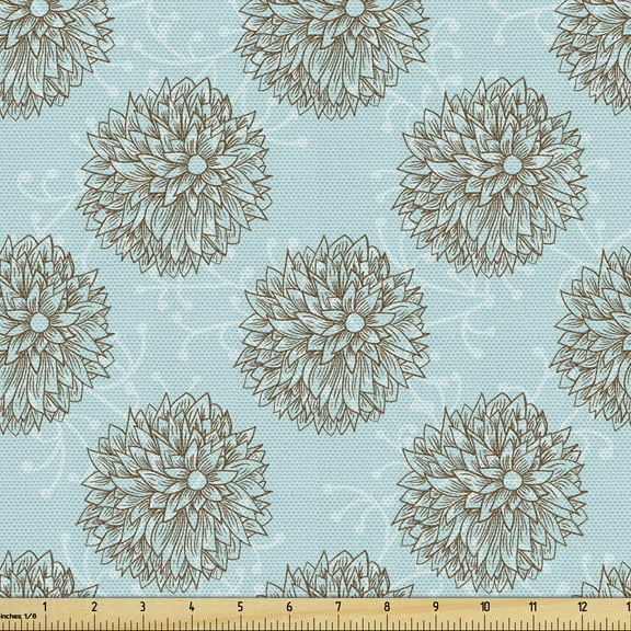 Ambesonne Turquoise Fabric by the Yard Upholstery, Vintage Flowers, 5 Yards, Blue Brown