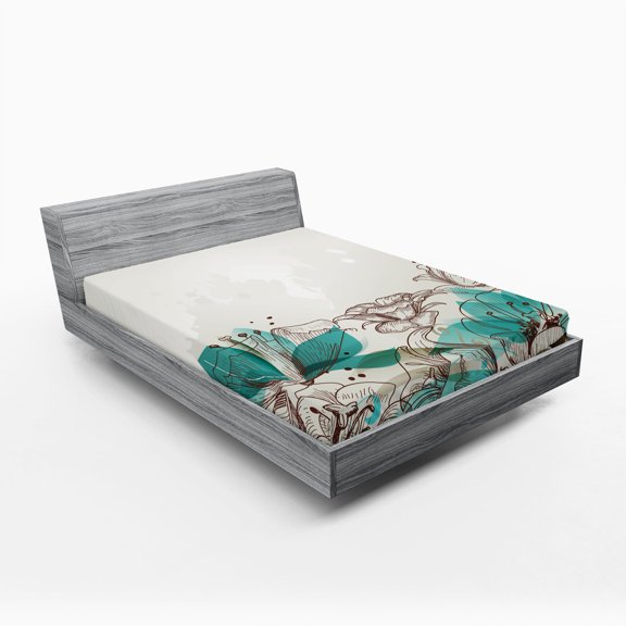 Ambesonne Turquoise Fitted Sheet 2 Pcs Set, Retro Hibiscus Art, Queen, Beige Teal