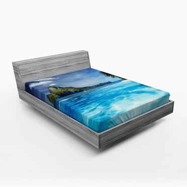 Ambesonne Turquoise Fitted Sheet, Ocean Mountain Palms, Full Size, Turquoise Green