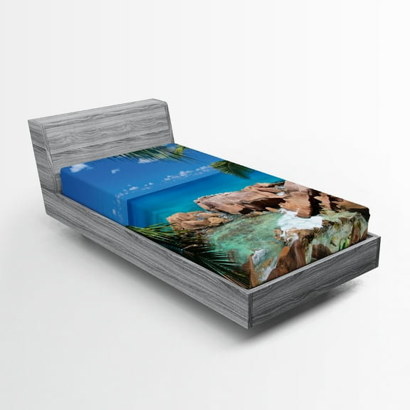 Ambesonne Turquoise Fitted Sheet, Palm Tree Coastline, Twin Size, Turquoise