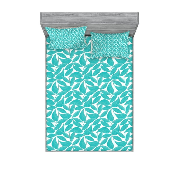 Ambesonne Turquoise Fitted Sheet & Pillow Sham Set, Foliage Leaves Lines, Calking, Turquoise White