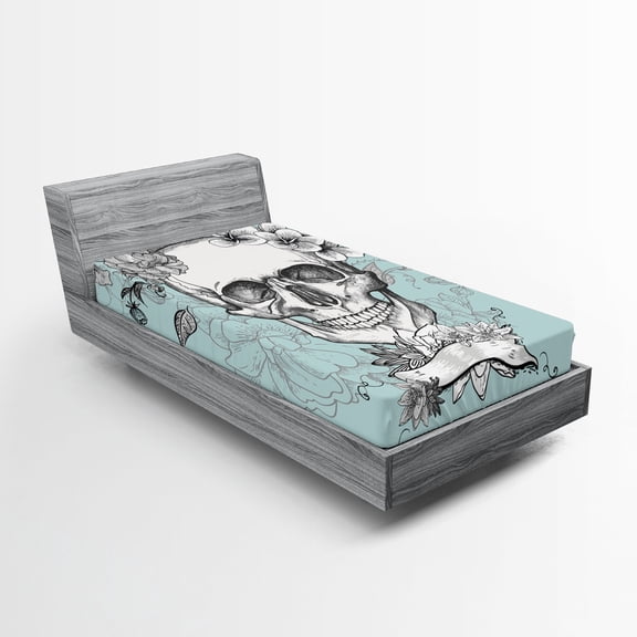 Ambesonne Turquoise Fitted Sheet, Skull and Flowers, Twin Size, Turquoise White