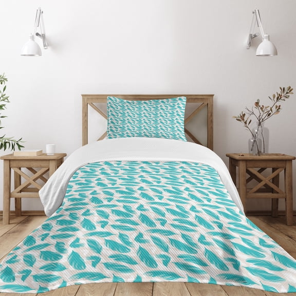 Ambesonne Turquoise Quilted Bedspread Set 2 Pcs, Bird Feathers Design, Twin Size, Turquoise White Beige