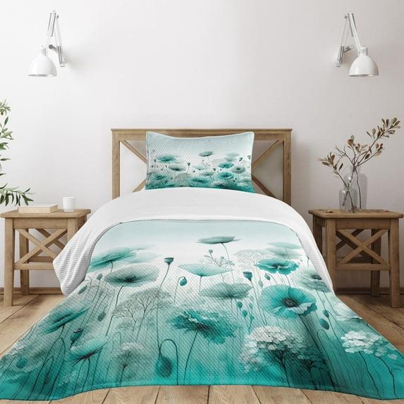 Ambesonne Turquoise Quilted Bedspread Set 2 Pcs, Chill Flowering Poppy Art, Twin Size, Mint Green Seafoam White