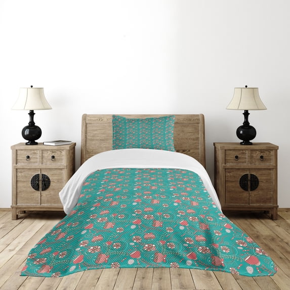 Ambesonne Turquoise Quilted Bedspread Set 2 Pcs, Circular Elements, Twin Size, Teal Coral