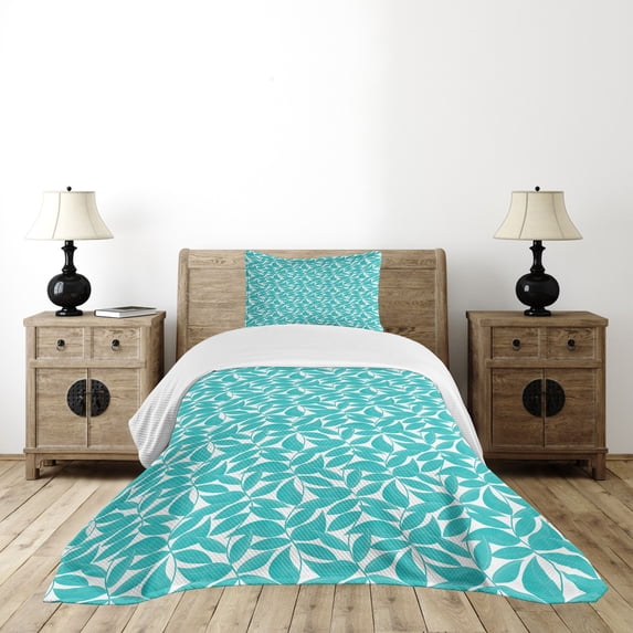 Ambesonne Turquoise Quilted Bedspread Set 2 Pcs, Foliage Leaves Lines, Twin Size, Turquoise White
