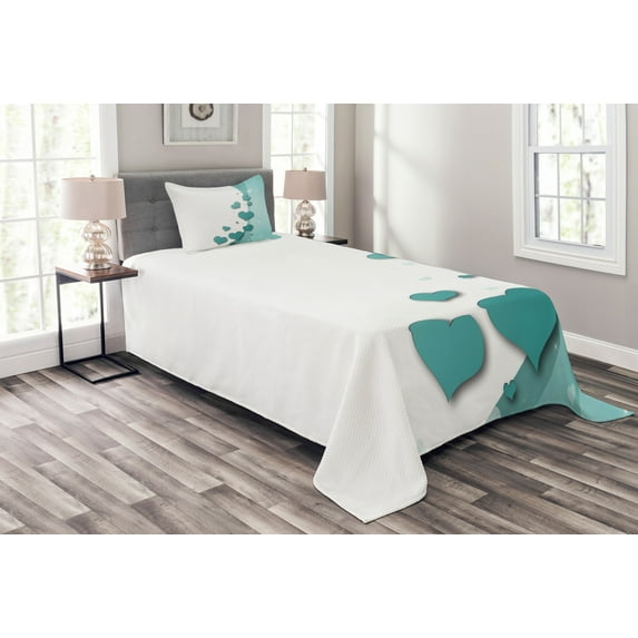 Ambesonne Turquoise Quilted Bedspread Set 2 Pcs, Hearts Valentines, Twin Size, Turquoise White Teal