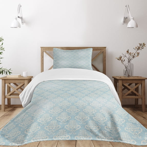 Ambesonne Turquoise Quilted Bedspread Set 2 Pcs, Medieval, Twin Size, Bluegrey Cream