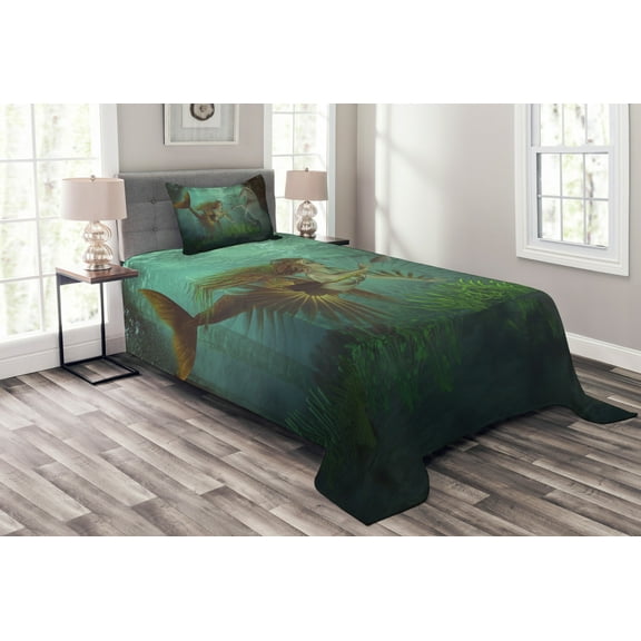Ambesonne Turquoise Quilted Bedspread Set 2 Pcs, Mermaid with Seahorse, Twin Size, Amber Green Aqua