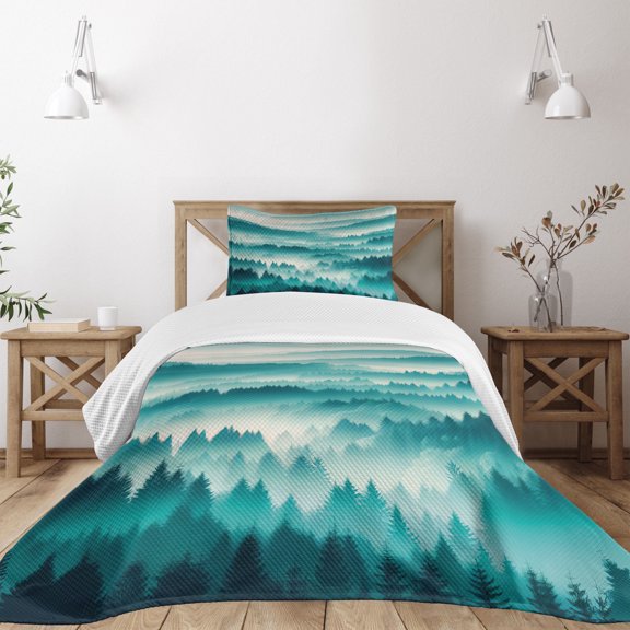 Ambesonne Turquoise Quilted Bedspread Set 2 Pcs, Misty Woodland Mountains, Twin Size, Dark Seafoam Dark Teal